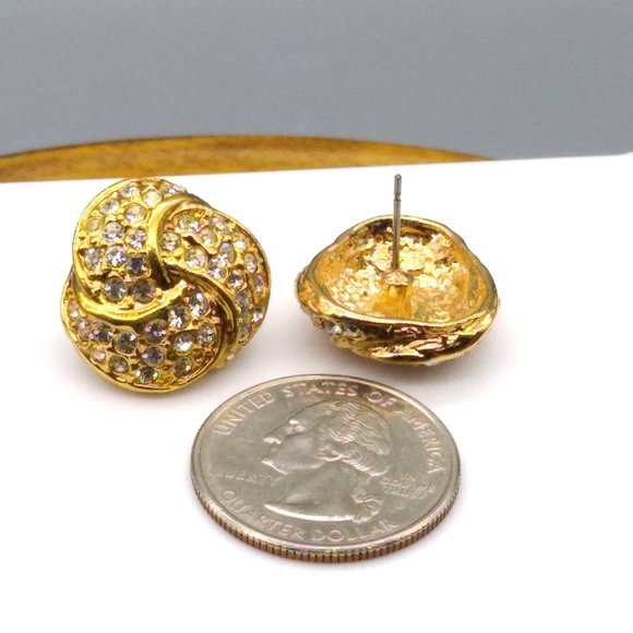 Vintage ROMAN Pave Crystal Knot Earrings, Gold Tone Studs - Picture 4 of 5